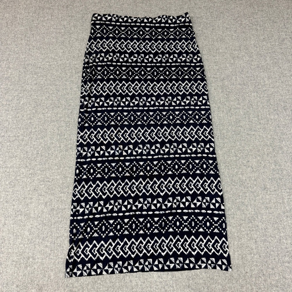 LOFT | Maxi Skirt | XXSP | Navy Blue | Geometric Tribal Print Side Slit Elastic